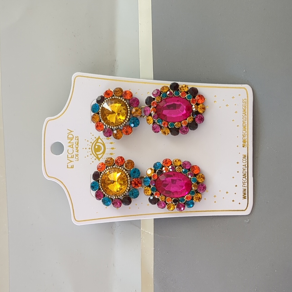 Eye Candy LA Multicolored Glass Crystal Mini Cascade Drop Earrings Pink Yellow